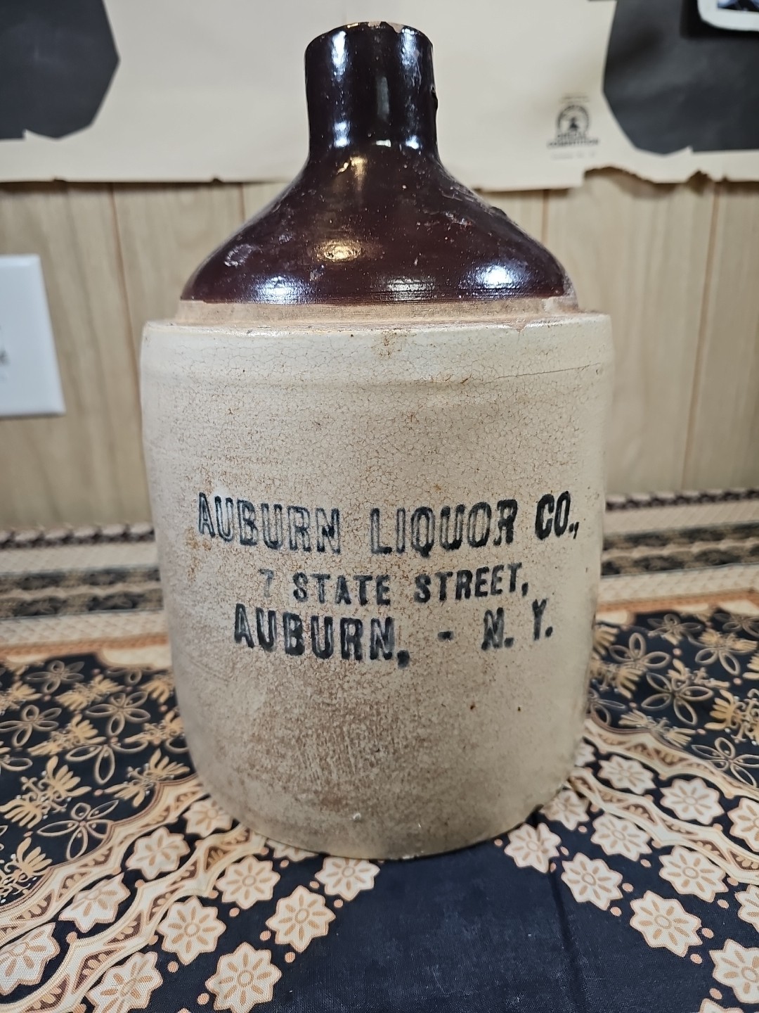 RARE PRE PRO Antique Stoneware Jug AUBURN LIQUOR CO. 7 STATE STREET AUBURN, N.Y.