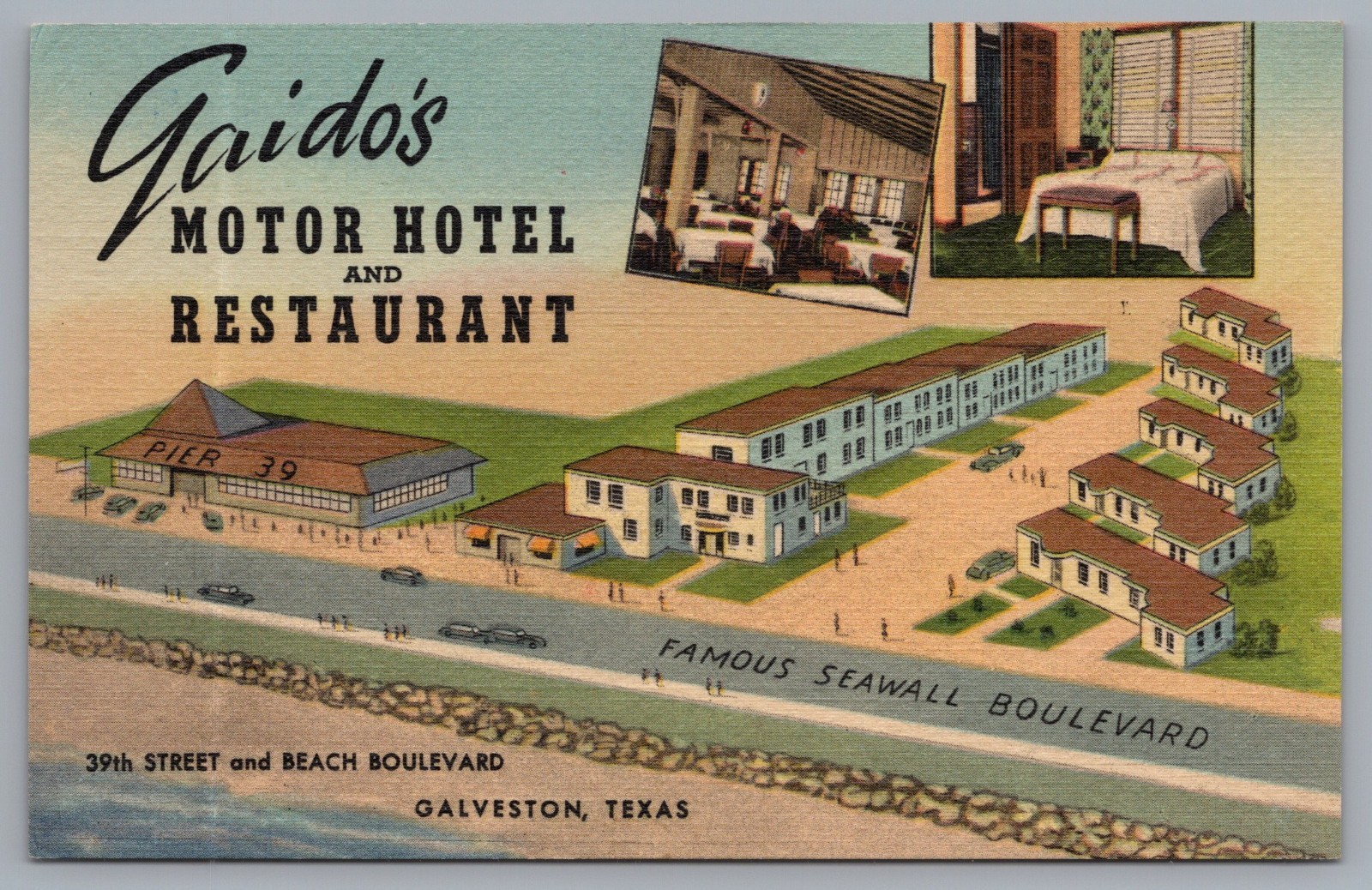 Gaido's Motor Hotel and Restaurant Galveston Texas Linen Motel Postcard
