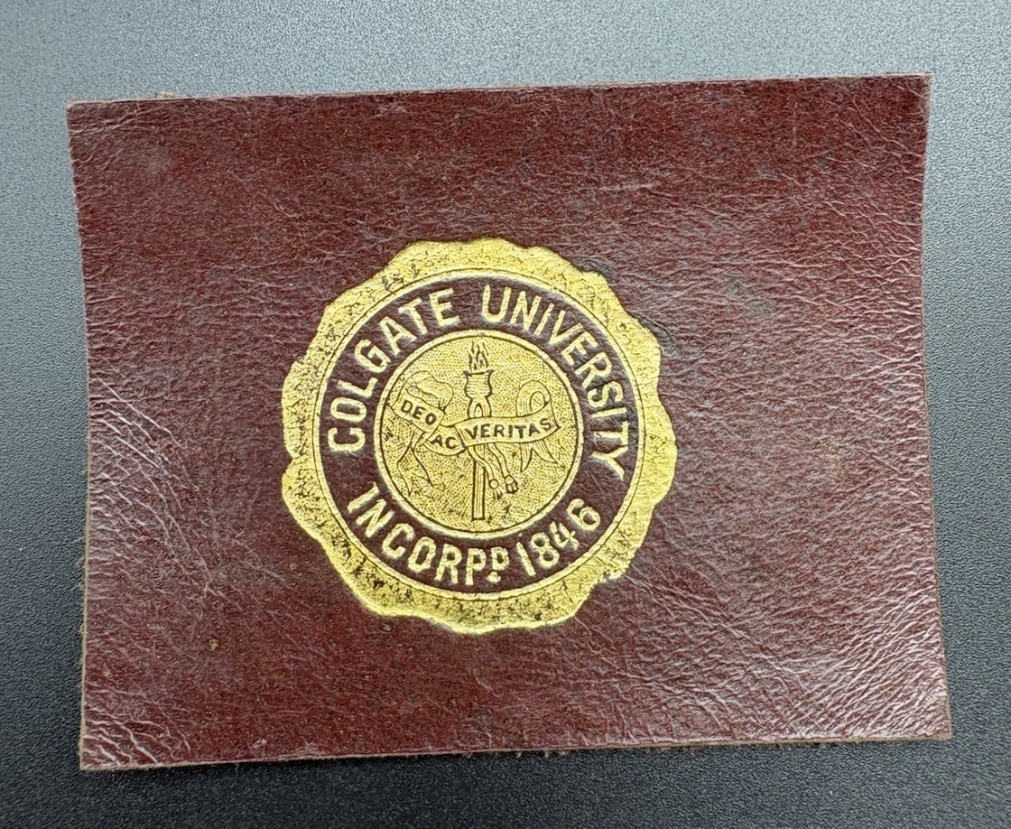 c1910 L20 Colgate University College Seal Tobacco Leather Antique 2x2.5