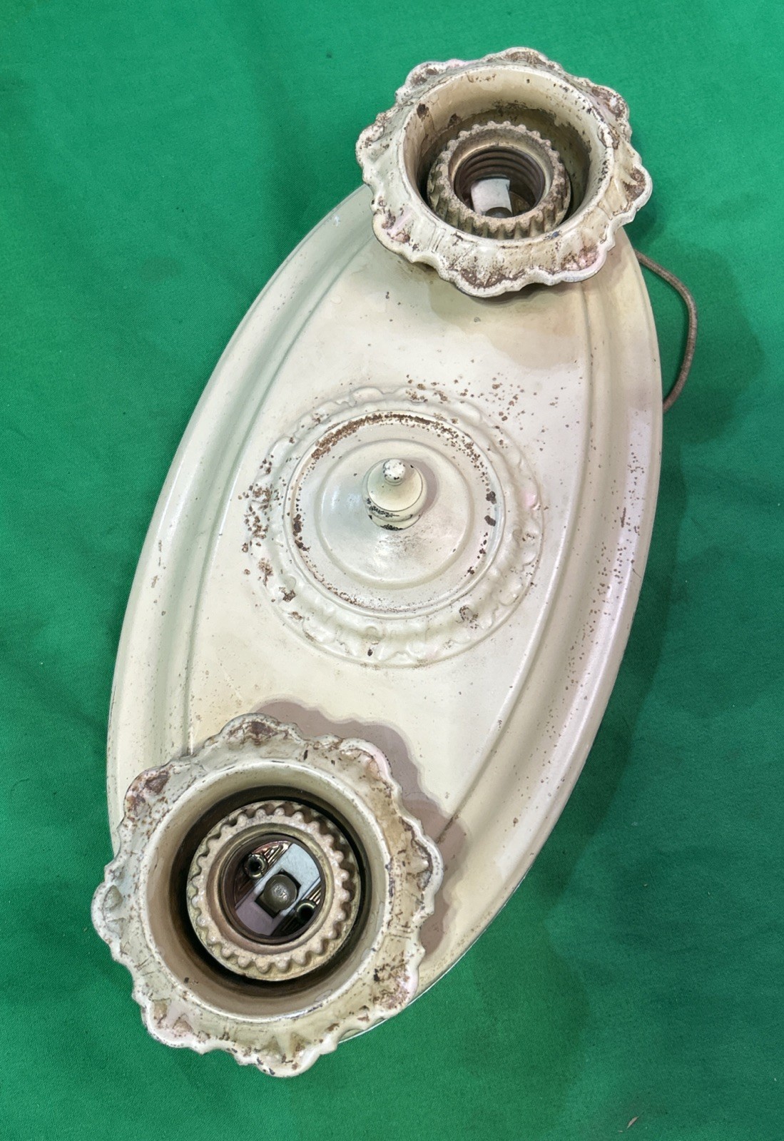 Antique Salvaged 1920’s Flush Mount Ceiling Fixture Two Light Sockets Art Deco