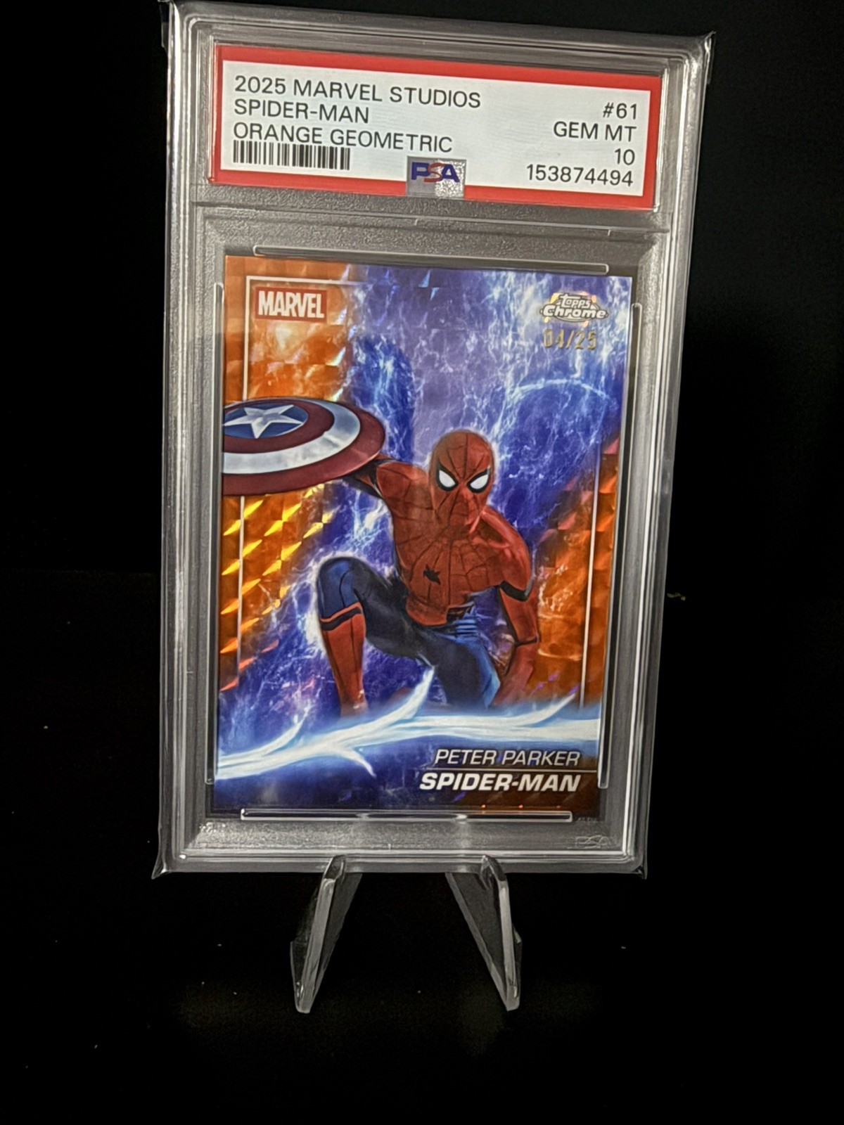 2025 Topps Chrome Marvel Studios Spider-Man Orange refractor /25 PSA 10