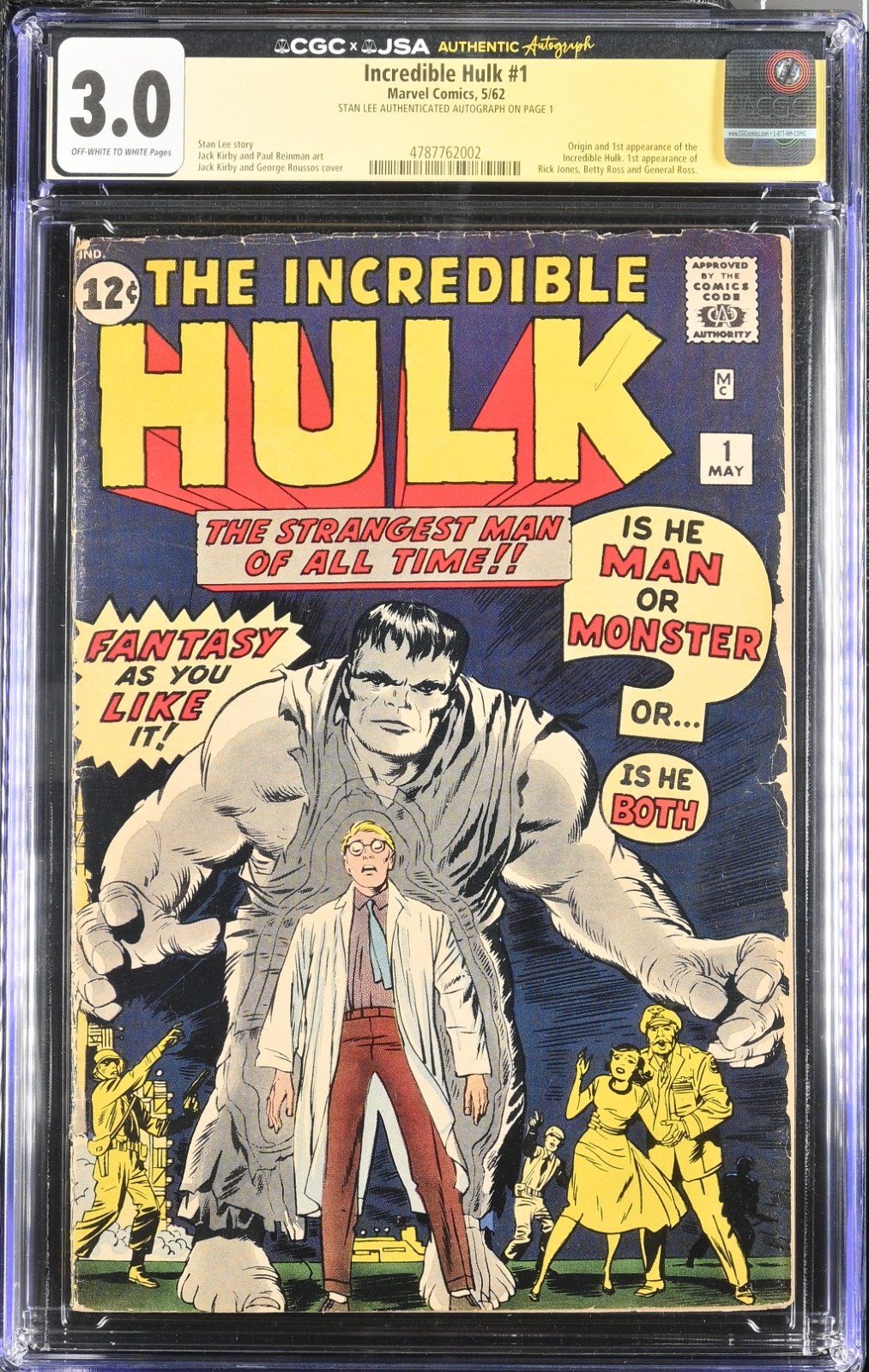 💚 Incredible Hulk #1 CGC X JSA 3.0 OWW 1962 Stan Lee SIGNED 1st Appearance