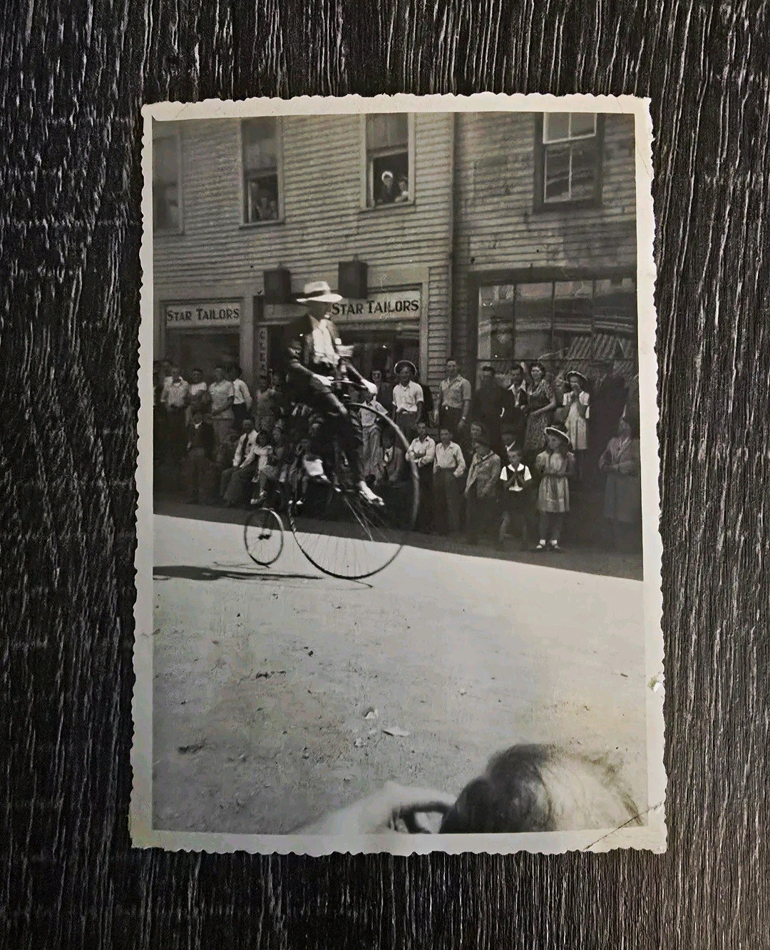 Antique Penny-Farthing Bicycle Snapshot Street Scene Crowd Spectators c.1920s