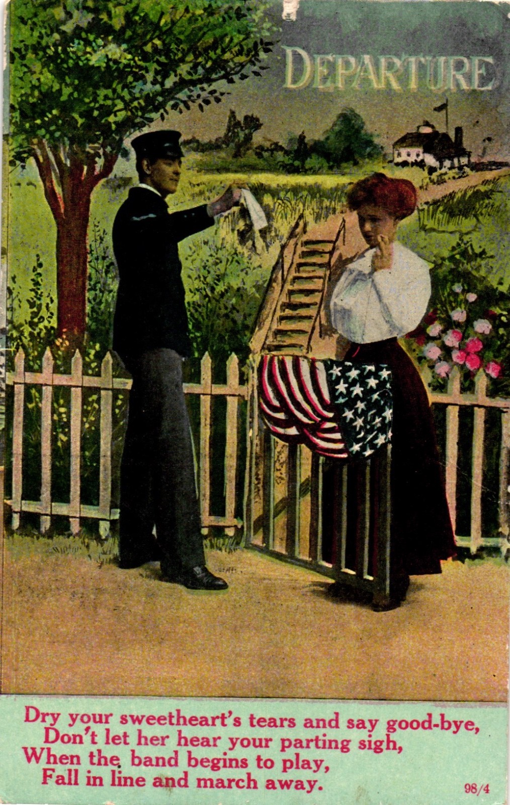 Antique 1911 Postcard Departure Dry Your Sweetheart's Tears Good-Bye US Flag E1