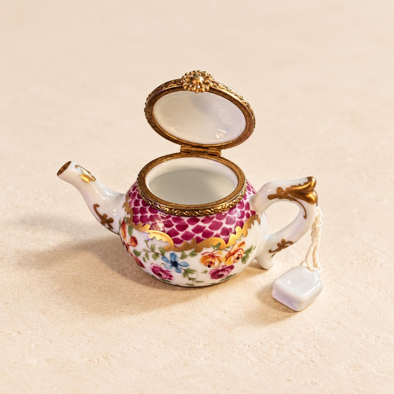 Rochard Limoges teapot trinket box, hand-painted floral porcelain box