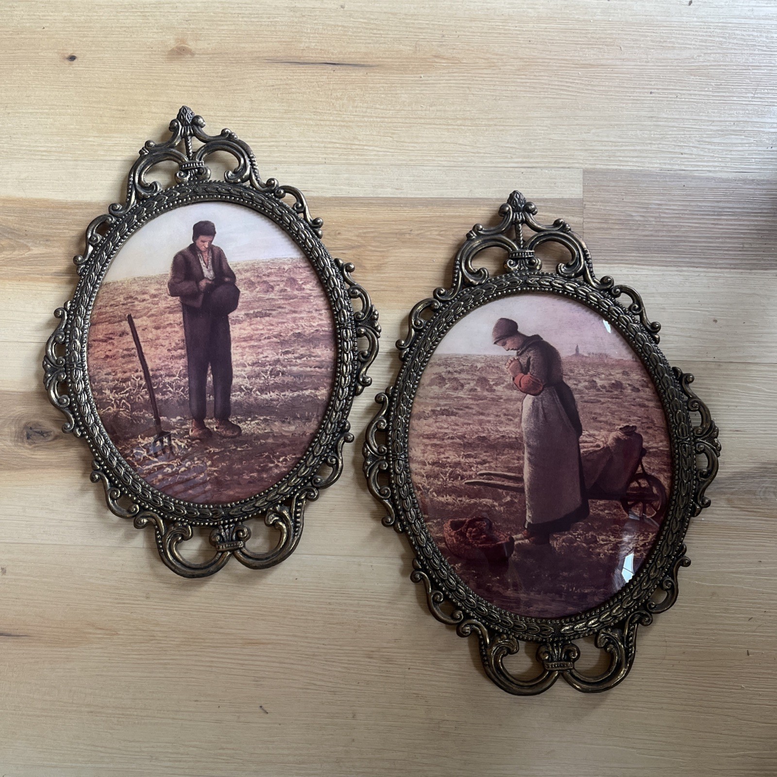 Vintage Pair Oval Wall Art Prints Rustic Farm Couple Ornate Frames Set of 2