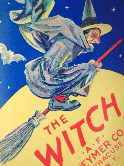 1920s Original HALLOWEEN Flying Witch On Broom Label, Full Moon Stars, Bat