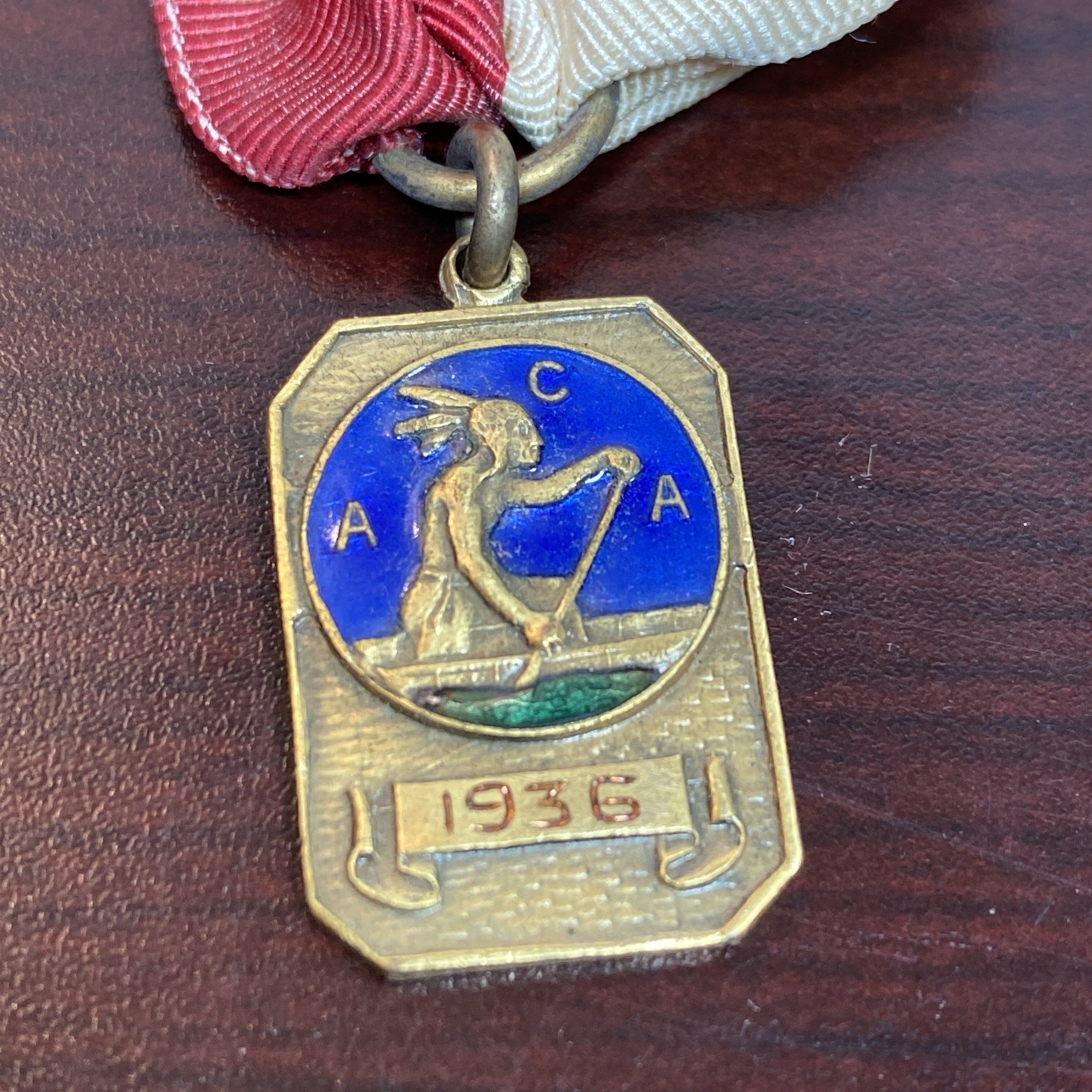 1936 ACA American Canoe Association Emptying Race Medal Ribbon Pin Enameled Vtg