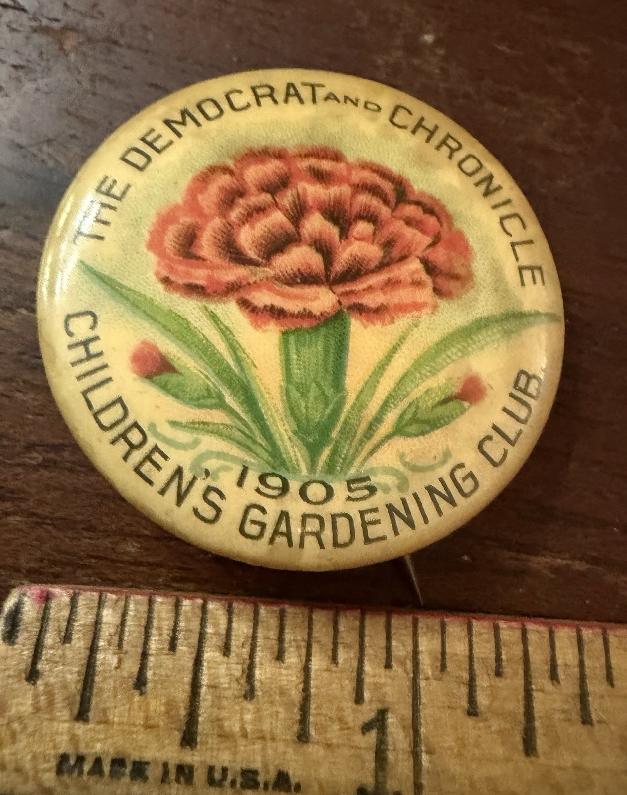 1905 Vintage Pinback Democrat Chronicle Childrens Gardening Club 1.25 in Bastian
