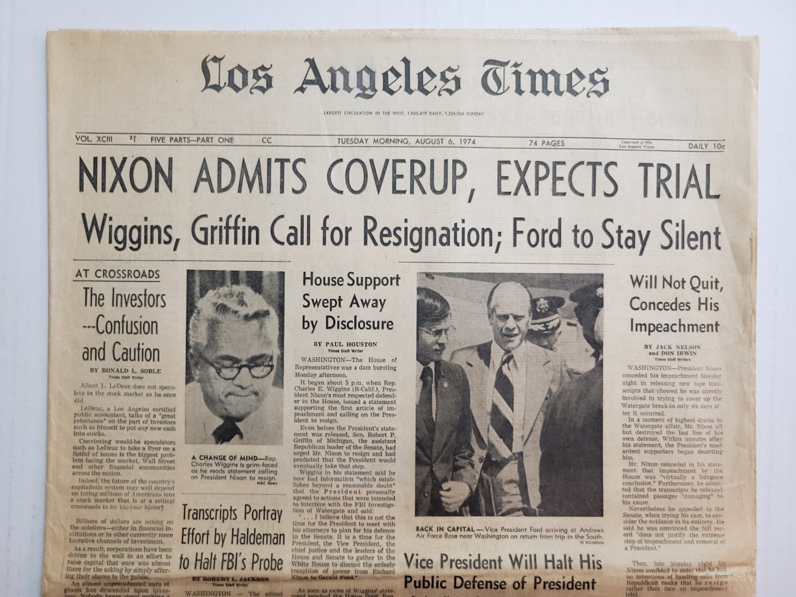 1974 Aug 6: Los Angeles LA Times - Pres Nixon Admits Coverup / Watergate Scandal