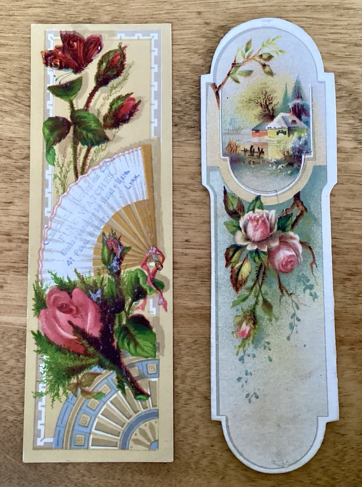 Two 1880's Victorian Advertising Bookmarks, Floral Designs, One Die Cut