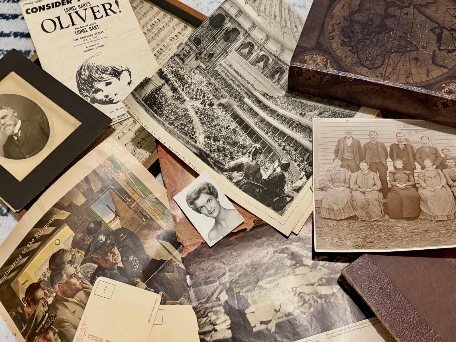Lot of Antique Ephemera, Old Photos, Trinkets, Wooden Tray, WWll Book, Music… Lot of Antique Ephemera, Old Photos, Trinkets, Wooden Tray, WWll Book, Music…