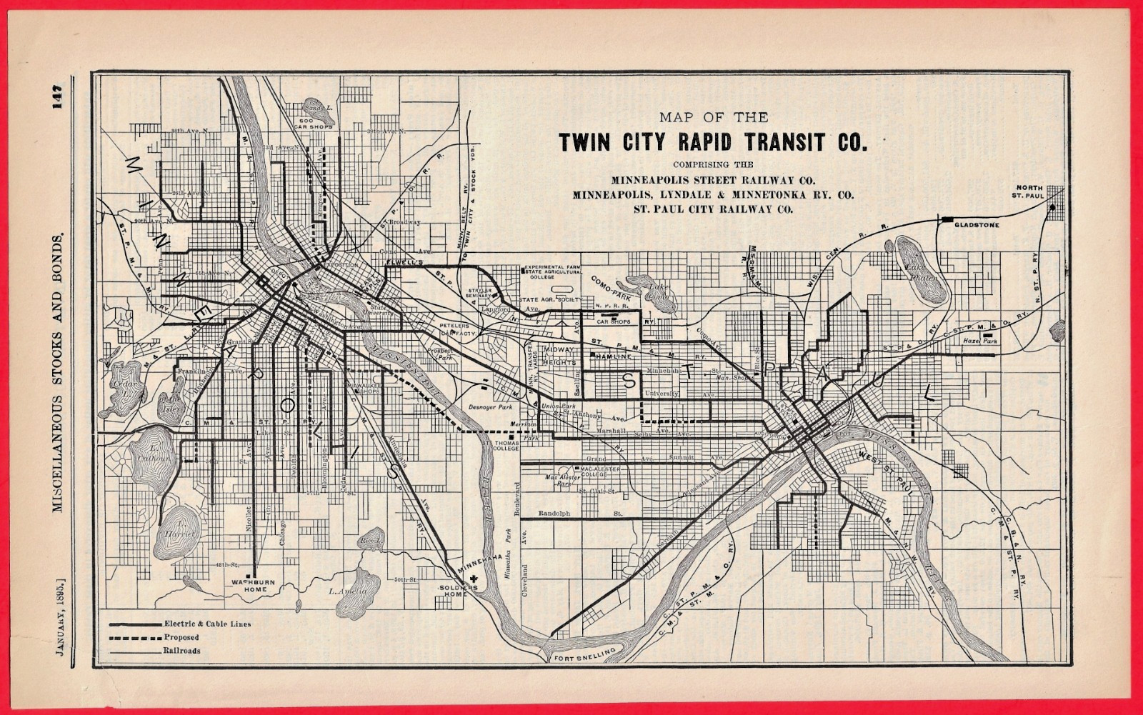 1895 Twin City Rapid Transit Co. Map Minneapolis St. Paul Street Railway