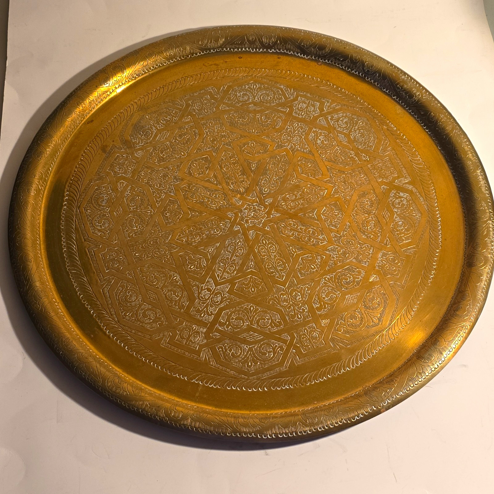 Title: Vintage Mid-Century Moroccan Hand-Etched Brass Tray Table Top