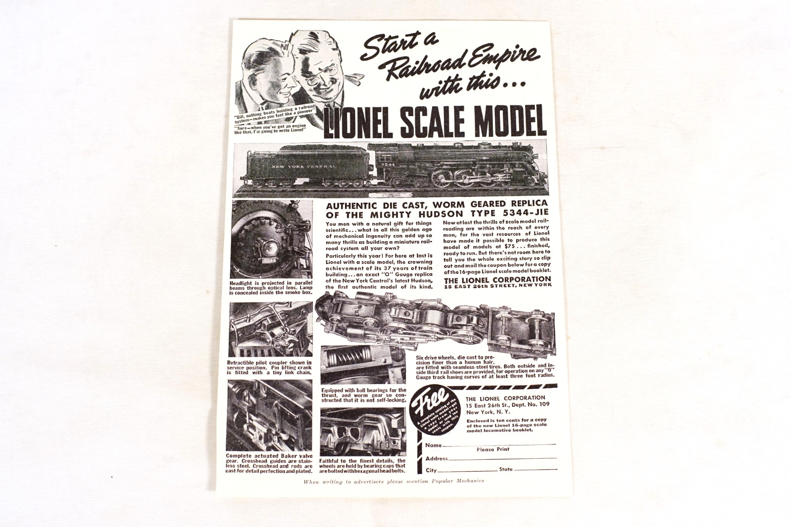 1938 Pre War LIONEL SCALE MODEL Electric Train Advertising 9x6 Railroad Empire