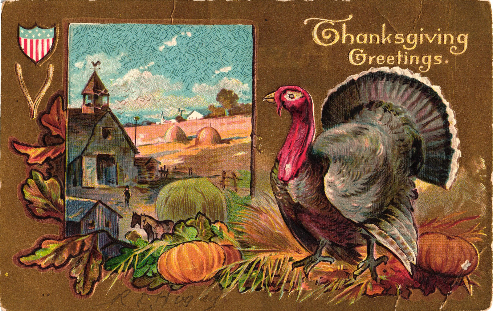 Thanksgiving Greetings Embossed Harvest Turkey Postcard Posted