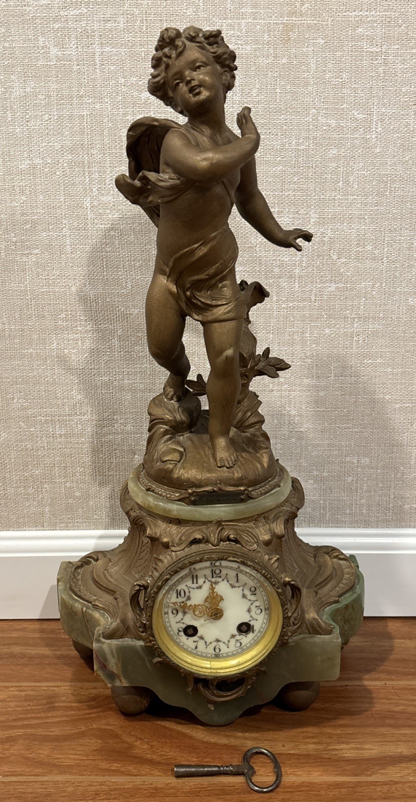 Antique Green Onyx French Statue Clock - Le Ruisseau Par Bruchon - Runs