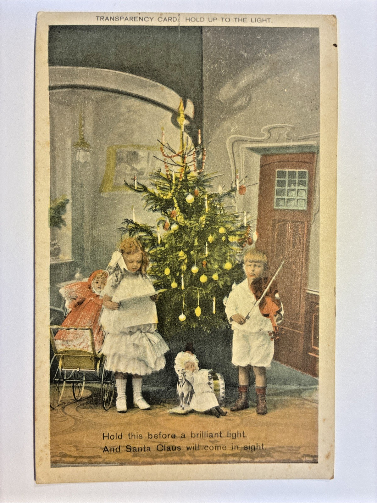 Christmas HTL Hold to Light Santa Claus Appears at Left c1910 Vintage Postcard