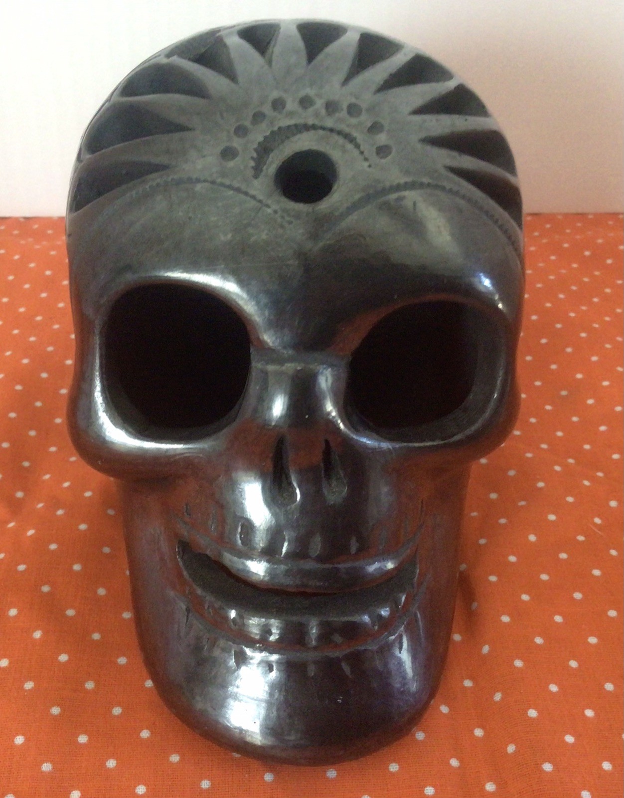 Vintage Oaxaca Black Pottery ~ Day of the Dead Skull ~ Pierced Folk Art Mexico