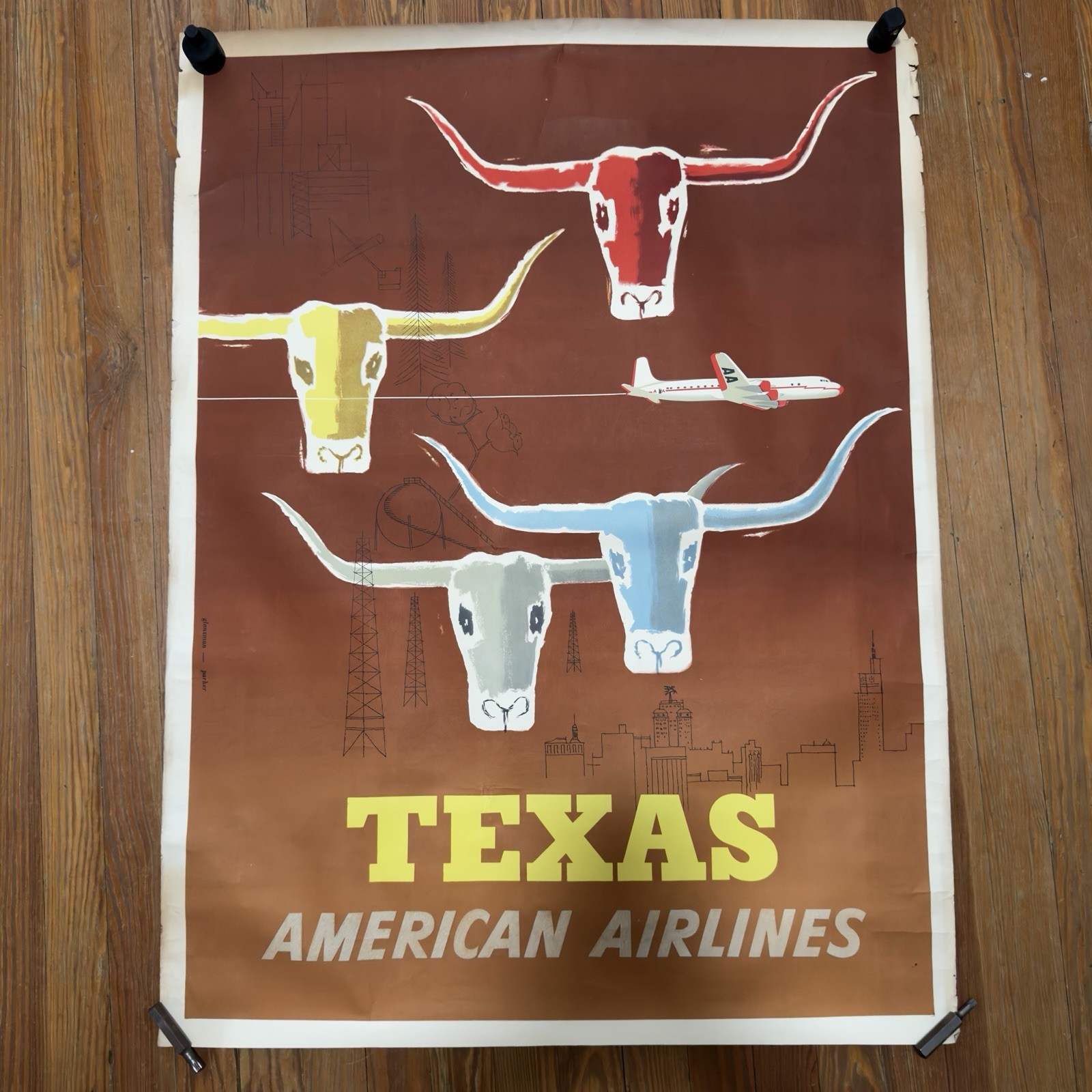 Vintage Original American Airlines Texas Travel Poster Longhorn Oil Rigs 1953