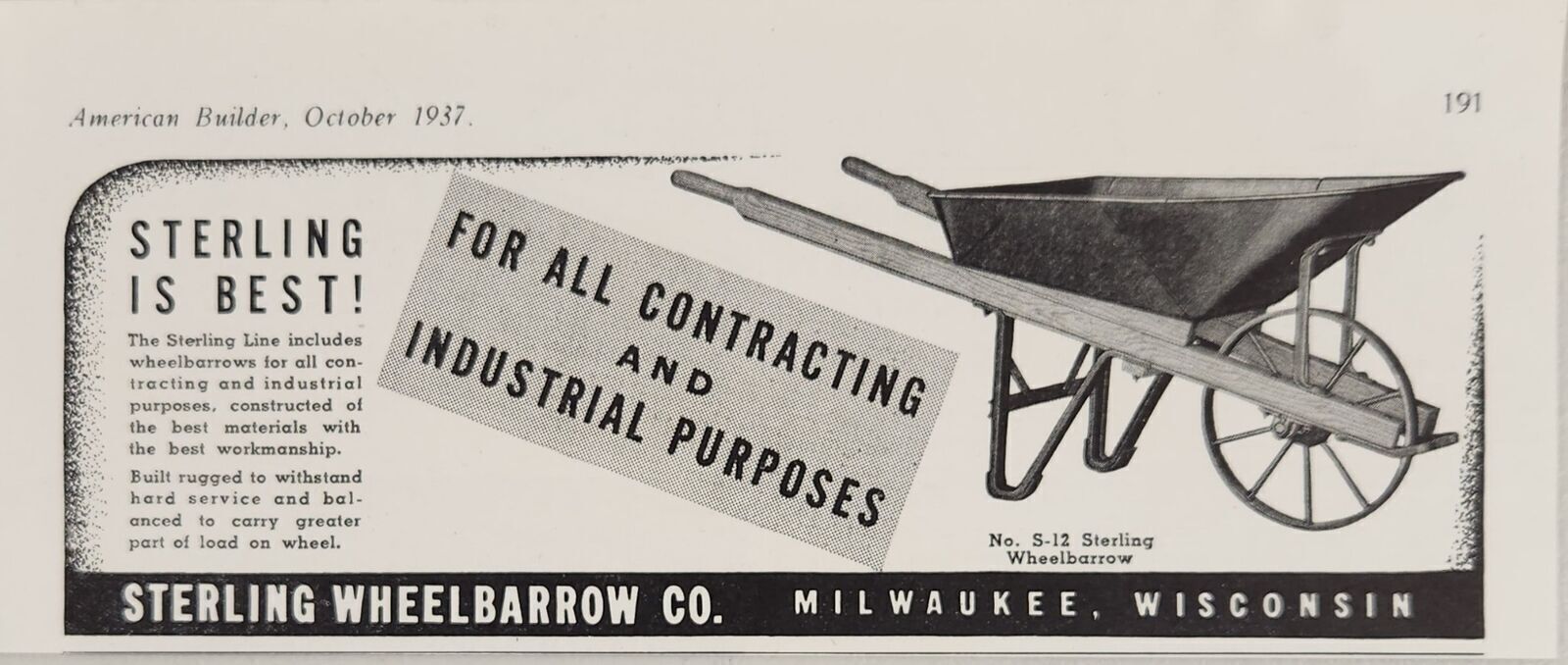 1937 Print Ad Sterling Wheelbarrow No. S-12 Contracting Milwaukee,Wisconsin 1937 Print Ad Sterling Wheelbarrow No. S-12 Contracting Milwaukee,Wisconsin