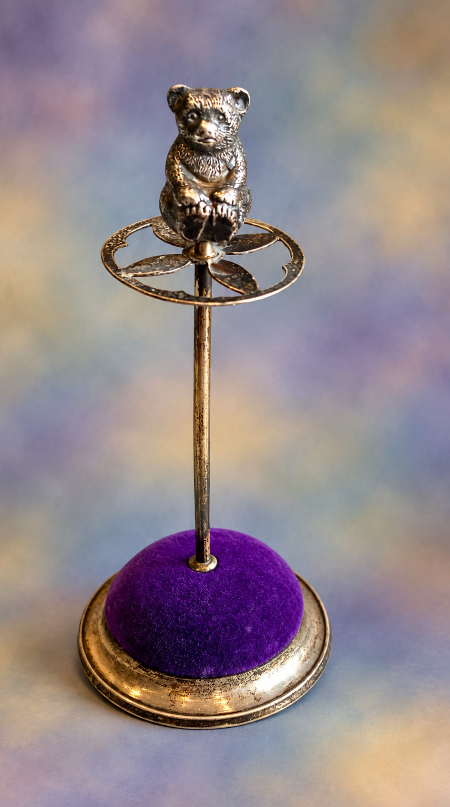 Teddy Bear Hatpin Hat pin holder 1909 Hallmarked Antique Sterling Silver