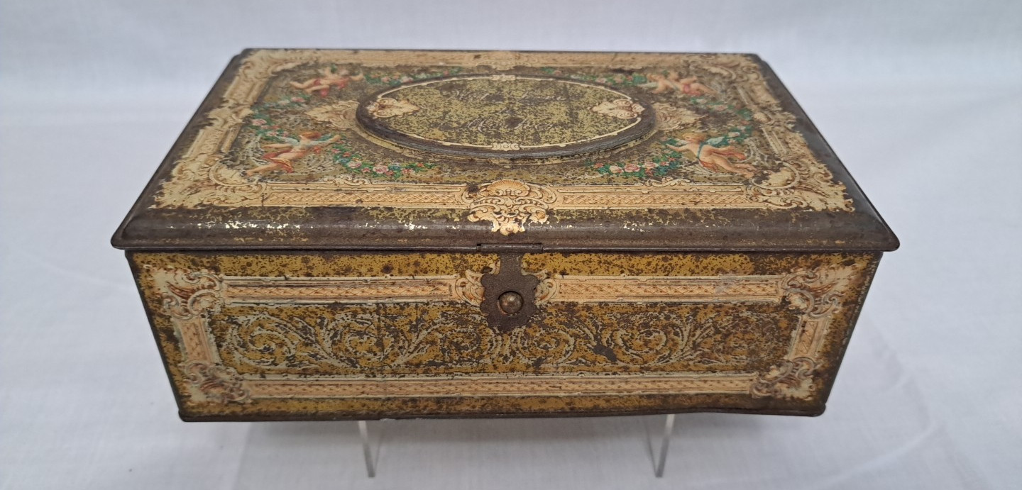Antique Artstyle Chocolates Tin Cherubs & Angels Hinged Lid Keepsake Box Gold