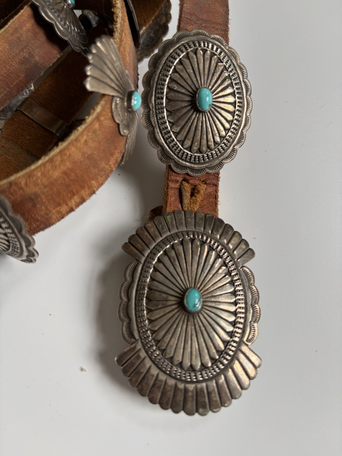 Vintage Navajo Sterling Silver Turquoise Concho Belt 