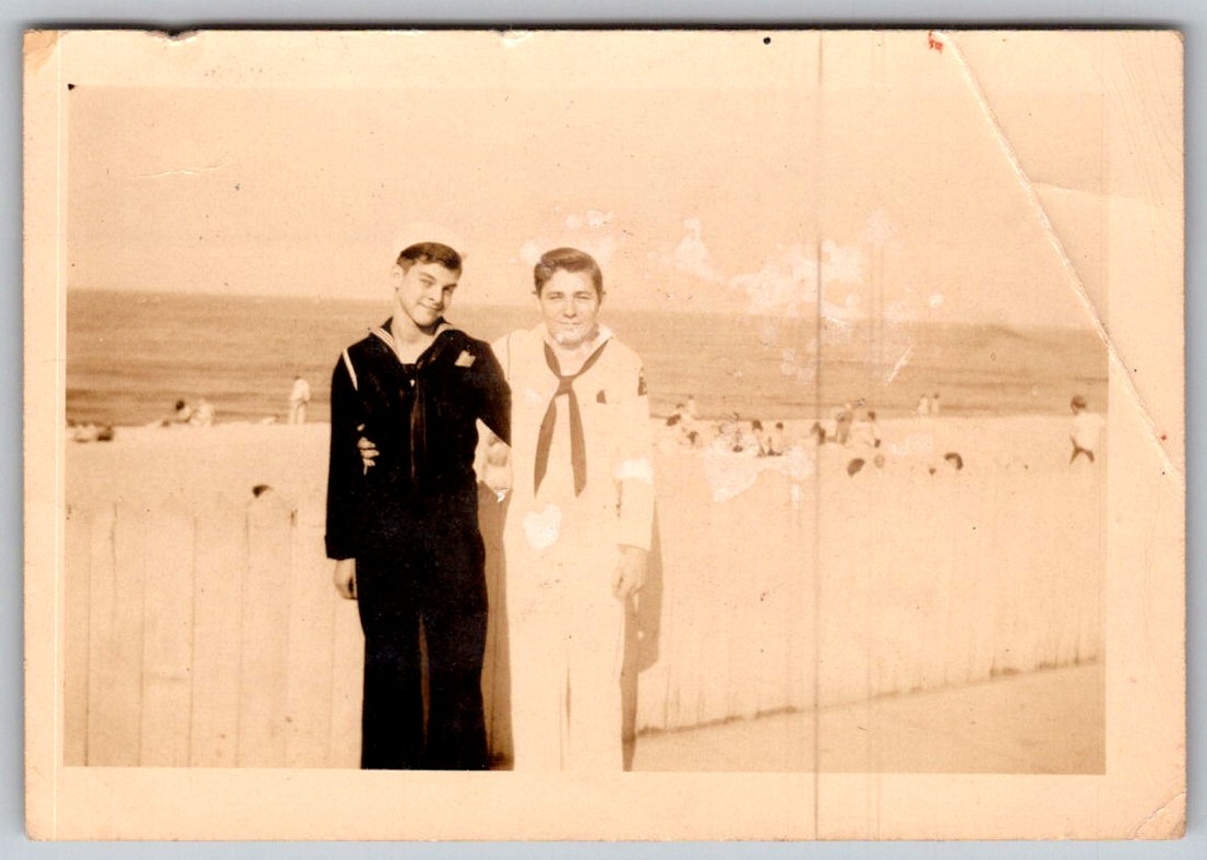 Vtg B&W Snapshot Two US Navy Sailors Dress Blues Whites Beach Boardwalk 1940s