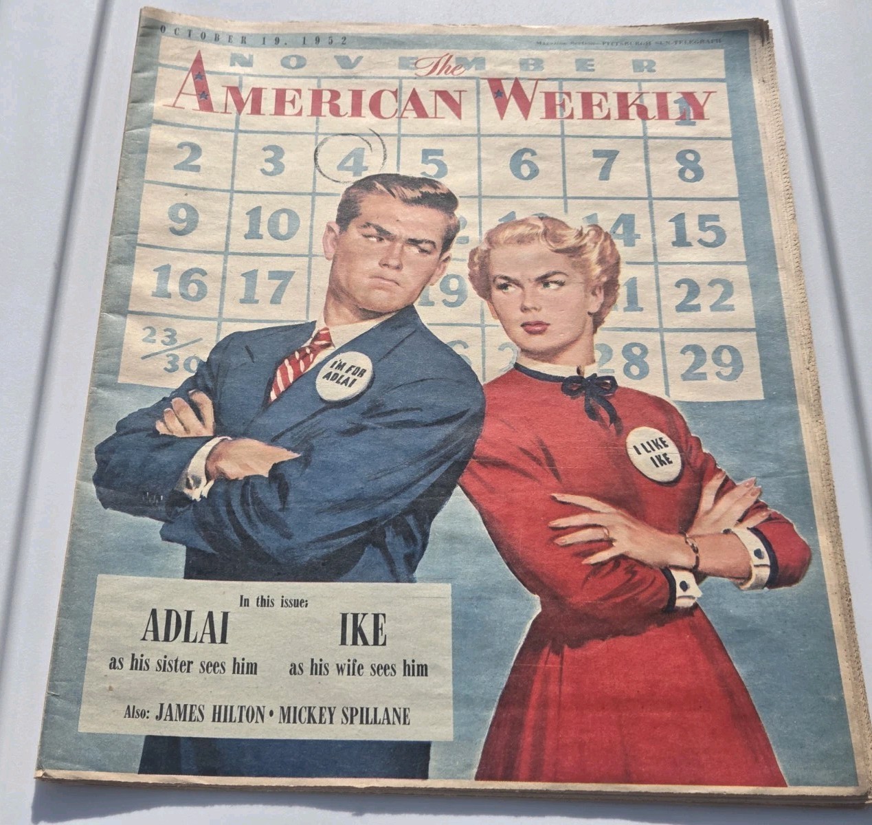 Oct 19, 1952 THE AMERICAN WEEKLY NEWSPAPER ADLAI v IKE ELECTION COVER GOOD COND