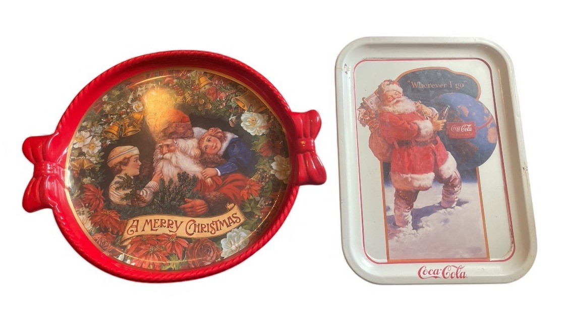 Vintage Set Of 2 Christmas Holiday Serving Trays 16x12 Ullman 13x10 Coca Cola