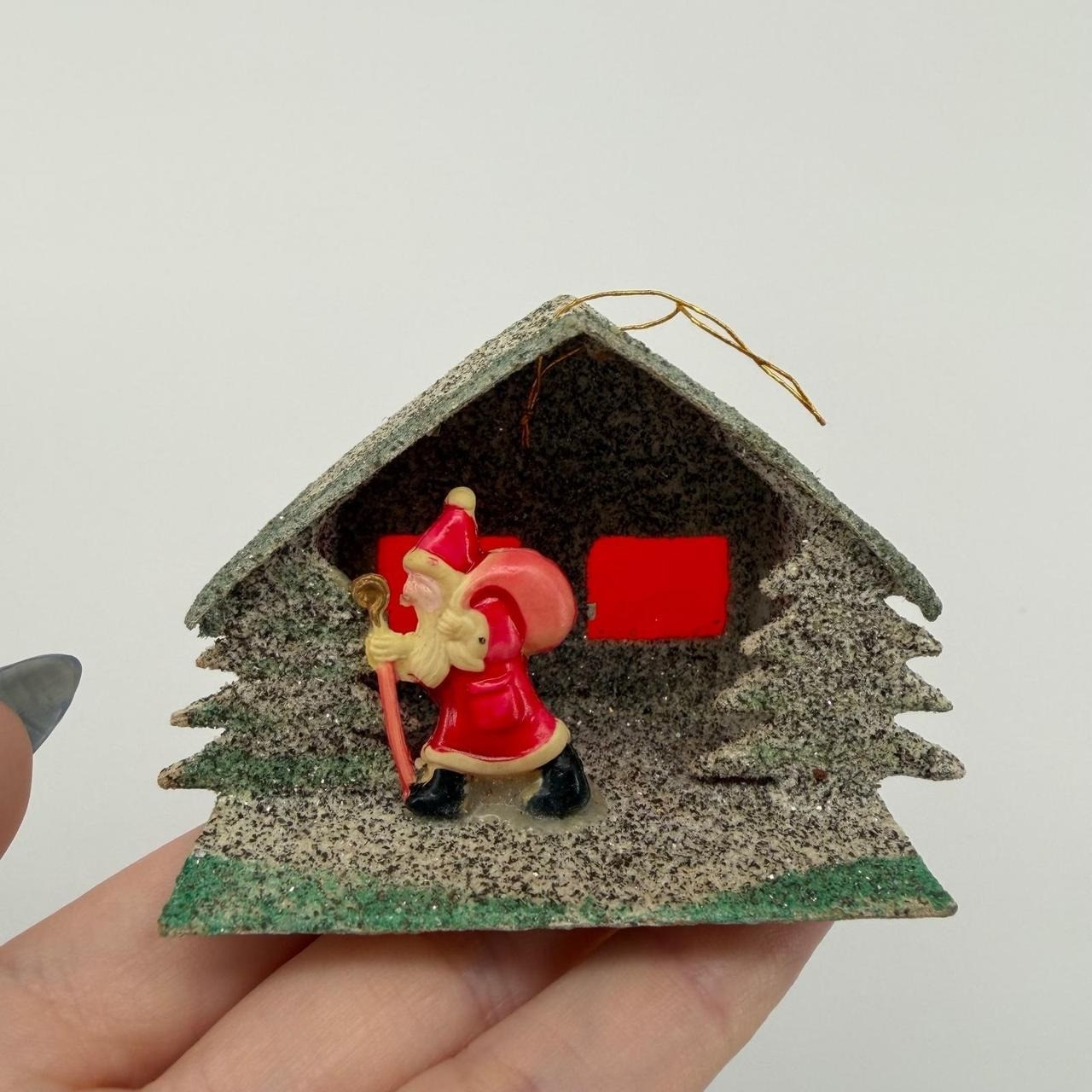 Vintage Putz House Ornament Unisex OS Green Good MCM Santa Japan Cardboard