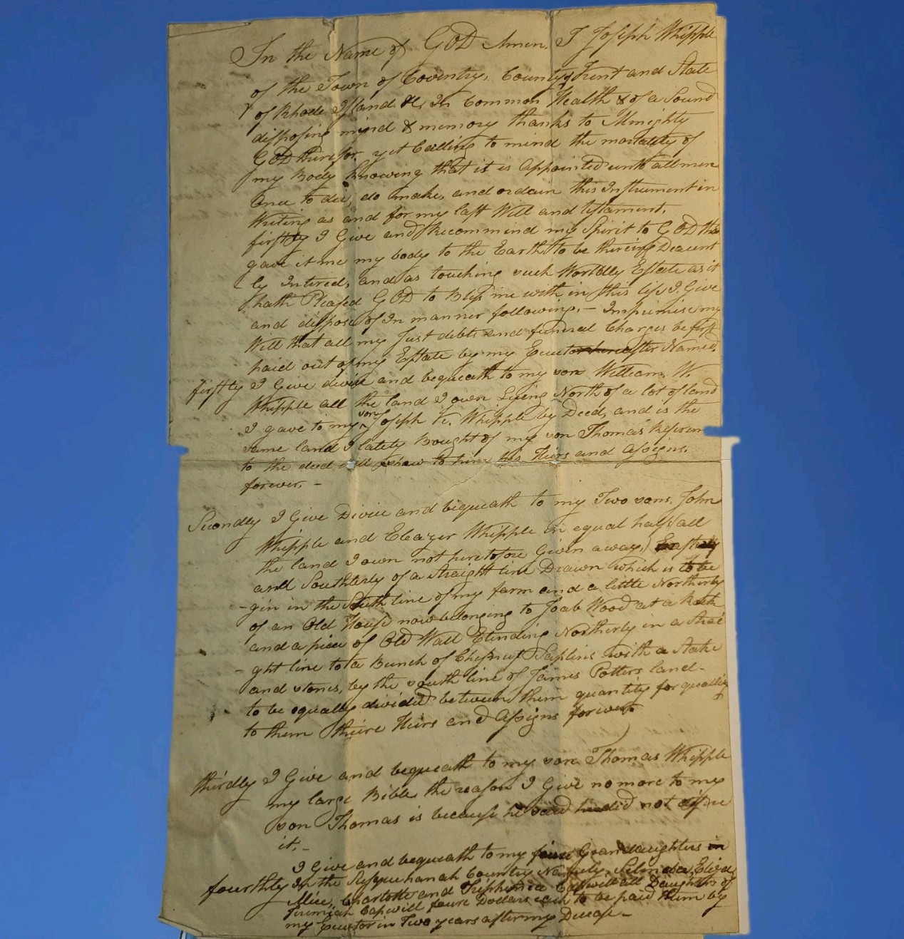 1828 Original Last Will & Testament, Joseph Whipple (1751–1832), Coventry, R.I.