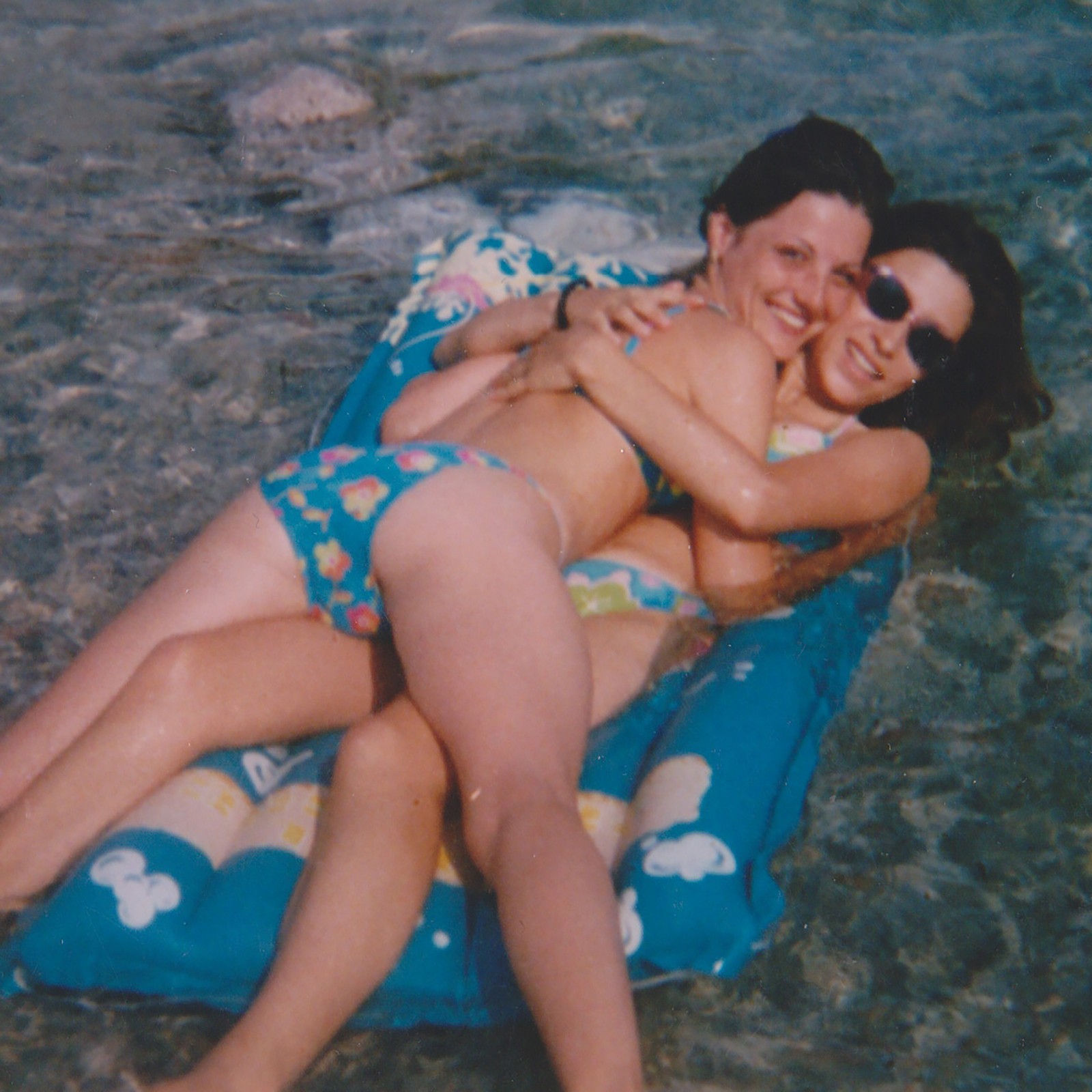 Young Bikini Women Hugging On Float Water Intimate Summer Lovers Vintage Photo