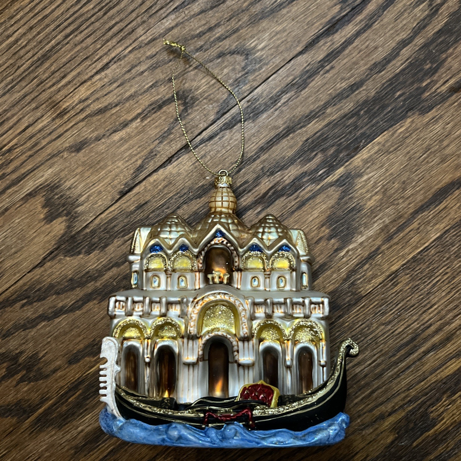 Vintage Venice City & Gondola Glass Blown Ornament Large Glitter Holiday