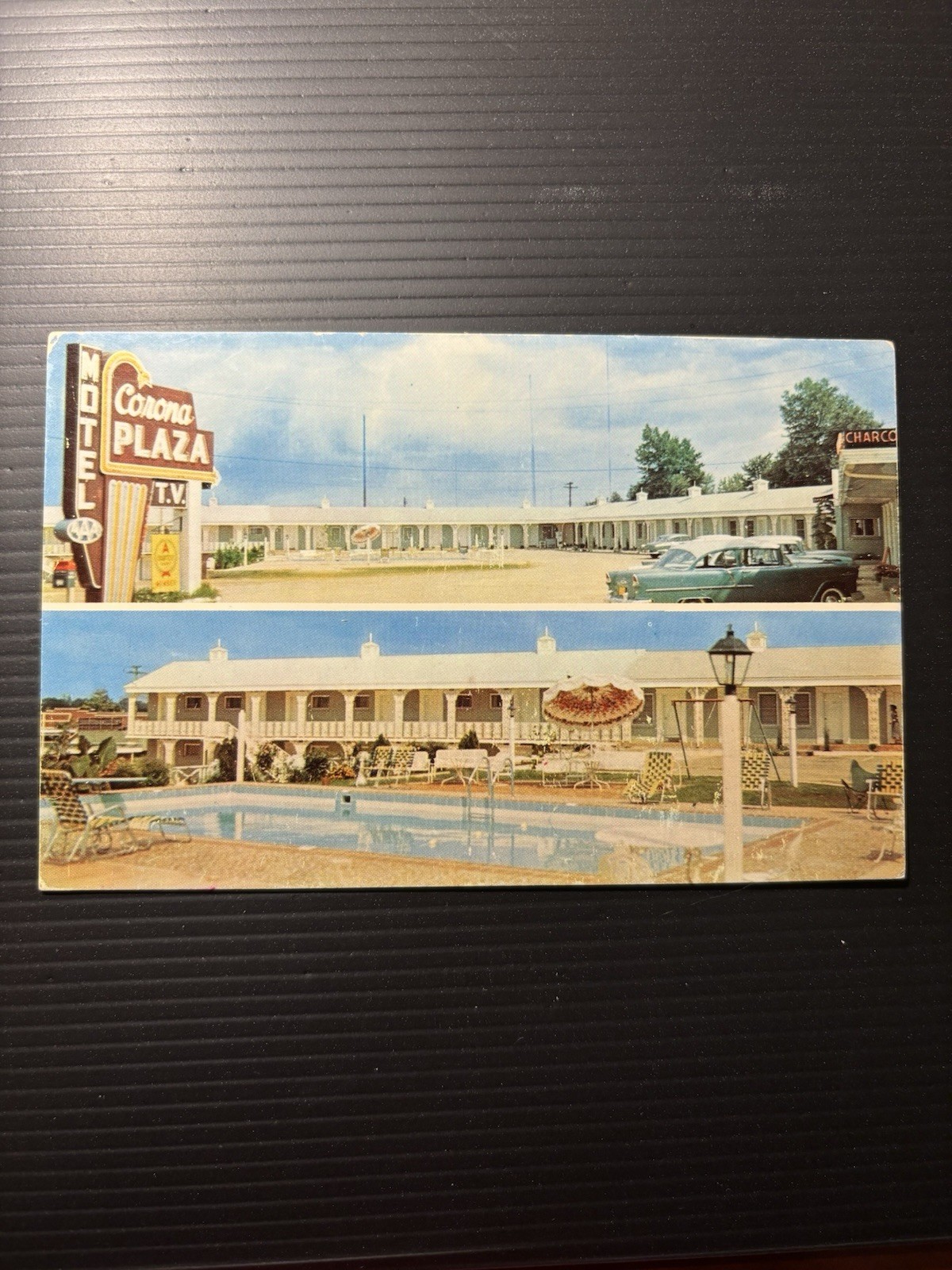 Vintage Corona Plaza Motel Postcard Pool TV Mid Century Roadside Americana