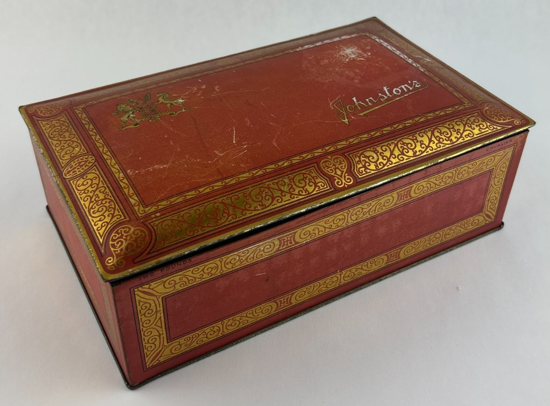 Vintage Johnston’s Chocolates Red Tin Metal Box with Hinged Lid Made In USA