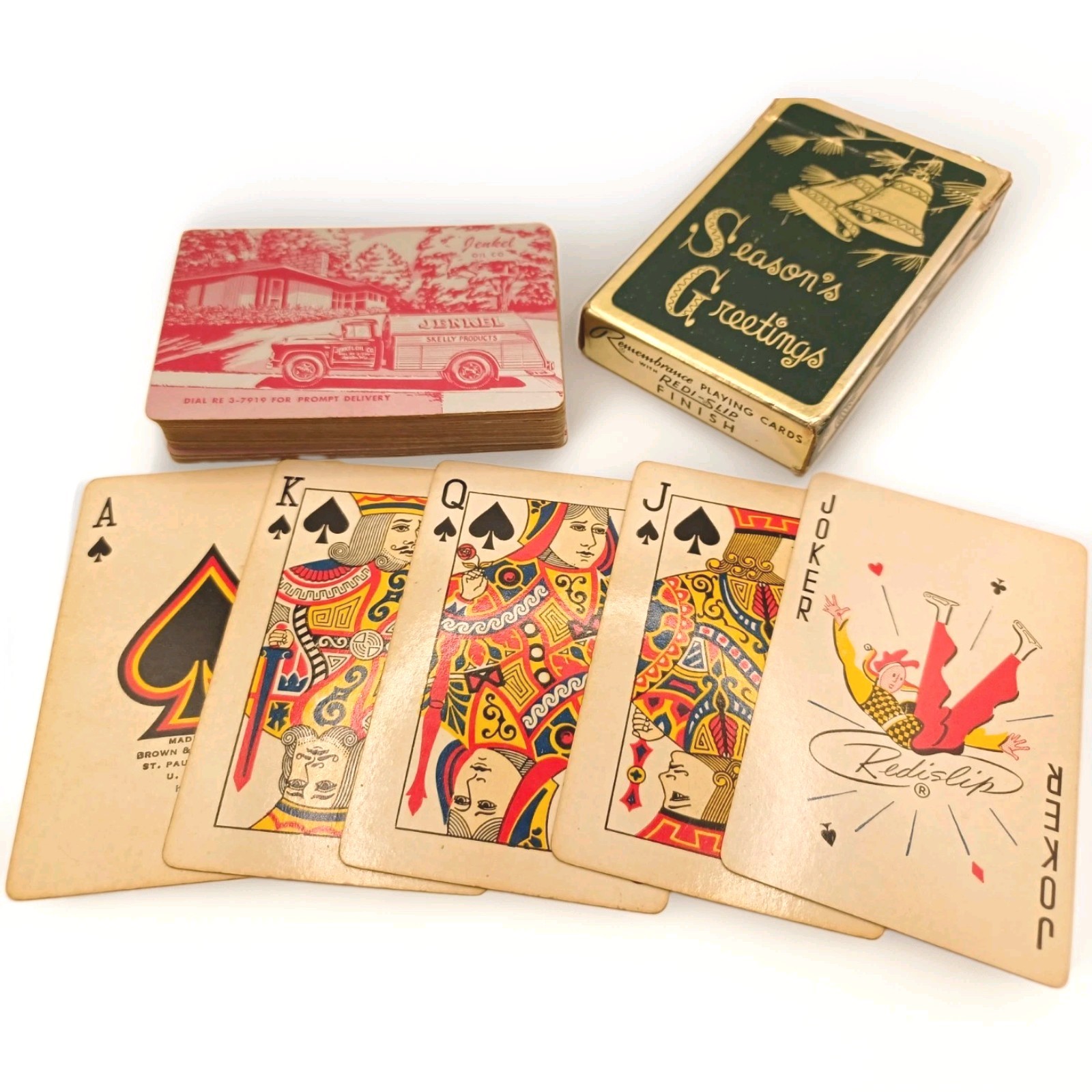 Vtg Brown Bigelow Remembrance Playing Cards Jenkel Oil Co Skelly Appleton WI Box