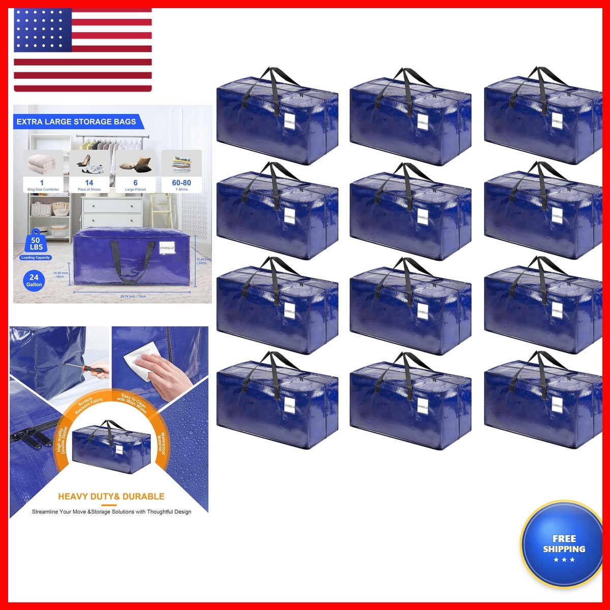 CHVEGLUZ 12 Pack Moving Bags Extra Large Blue Heavy Duty Storage with Zipper