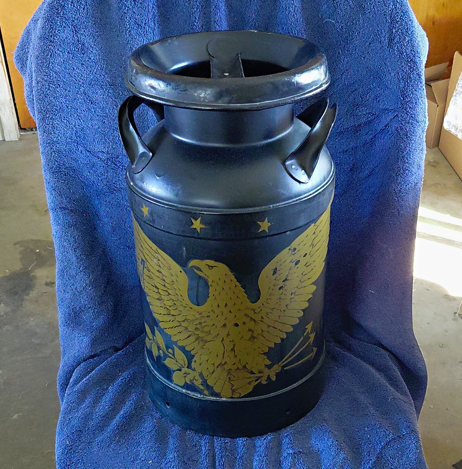 Dairy Co Black Metal Milk Can Container - Gold Eagle Advertising Graphic