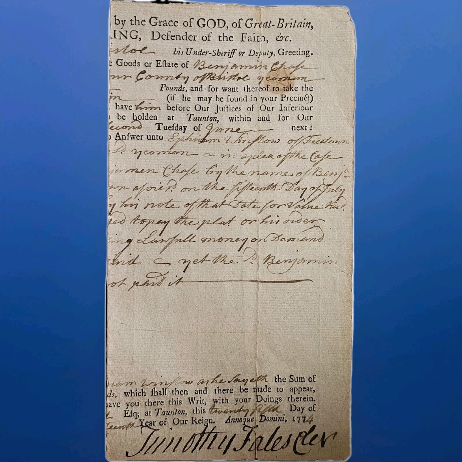1774 Taunton MA Colonial Court Writ Timothy Fales Benjamin Chase Timothy Gilbert