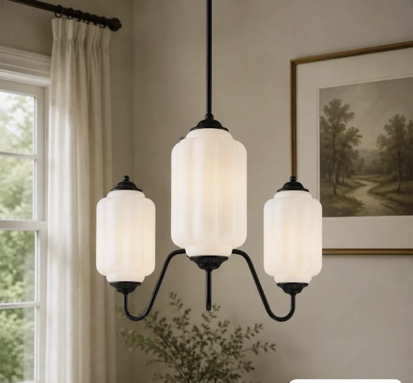 Vintage Milk Glass 3 Light Hanging Chandelier Hardwire- Black & Milky White