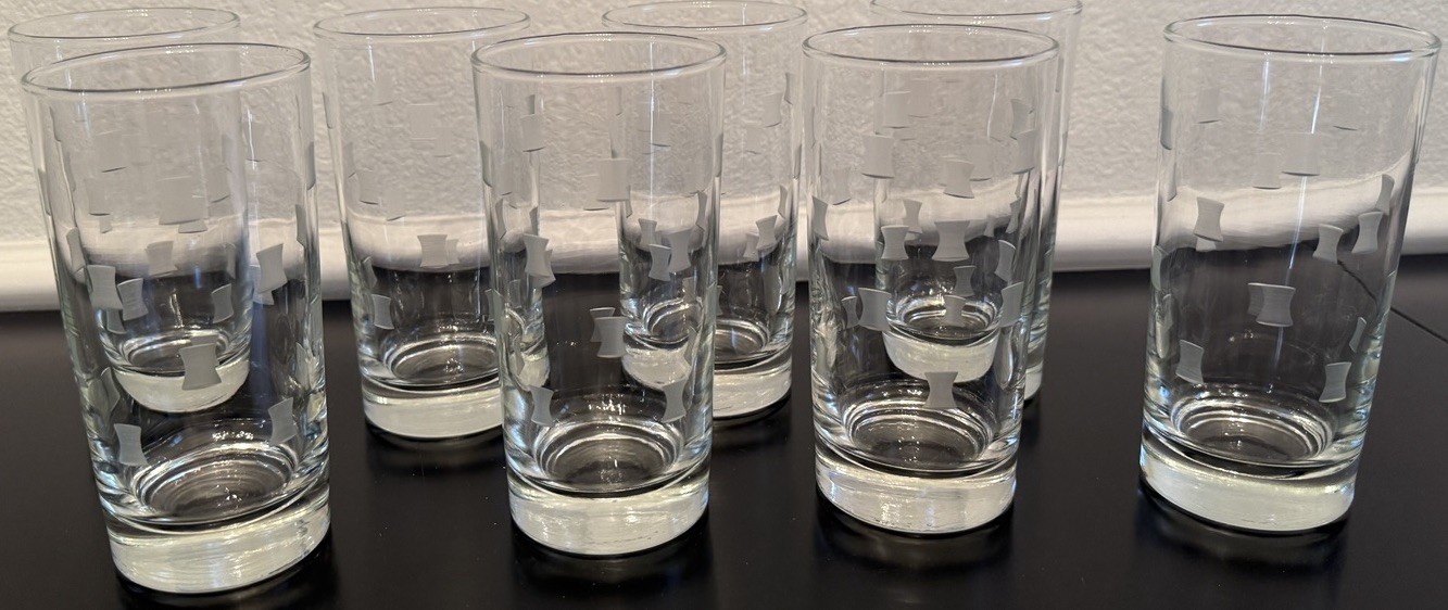 Vtg Anchor Hocking Cubist Etched/Frosted Tumbler Glasses MCM 1960\'s Heavy Bottom