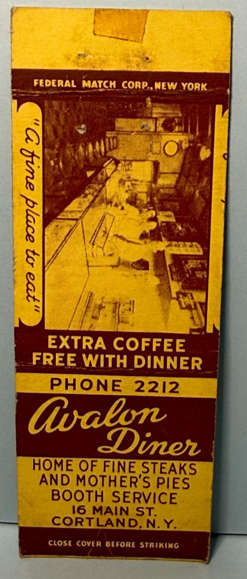 Matchbook Cover AVALON DINER Restaurant 16 Main St Cortland New York NY Dine Eat