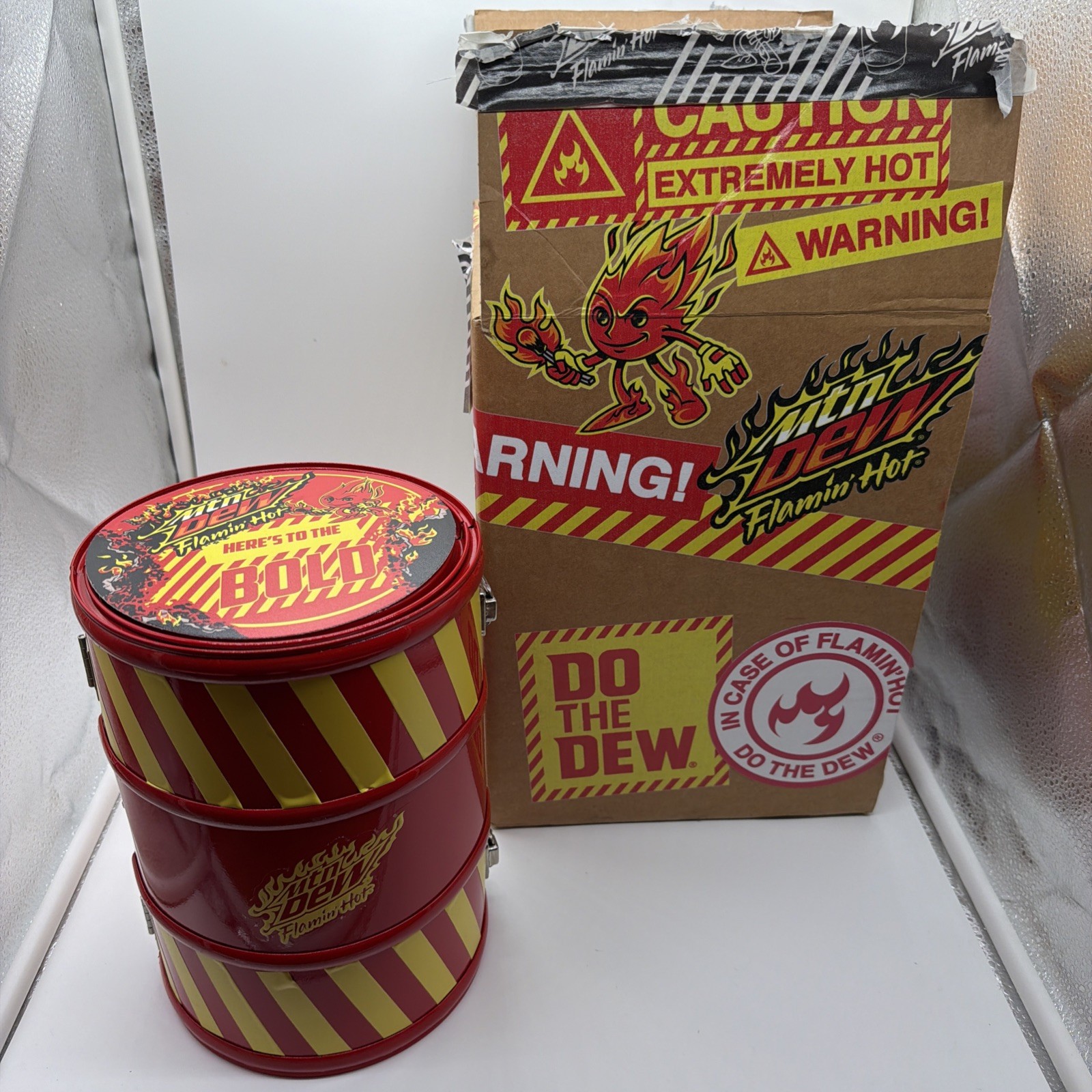 Rare Mountain Dew Flamin Hot PR Influencer Barrel And 16oz Can- Awesome