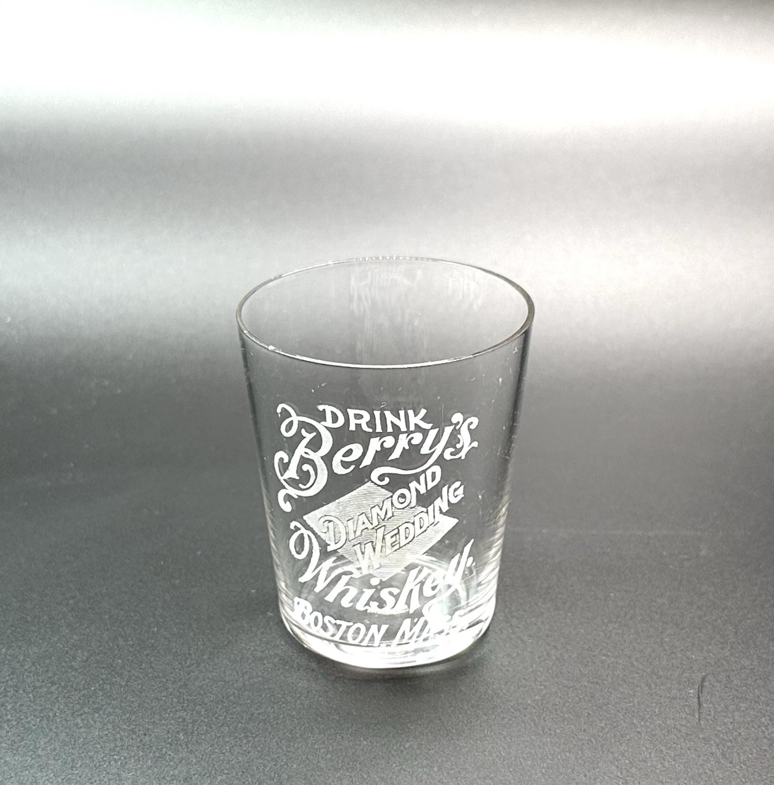 Pre Pro Berry\'s Diamond Wedding Etched Shot Glass / Antique Whiskey Advertising