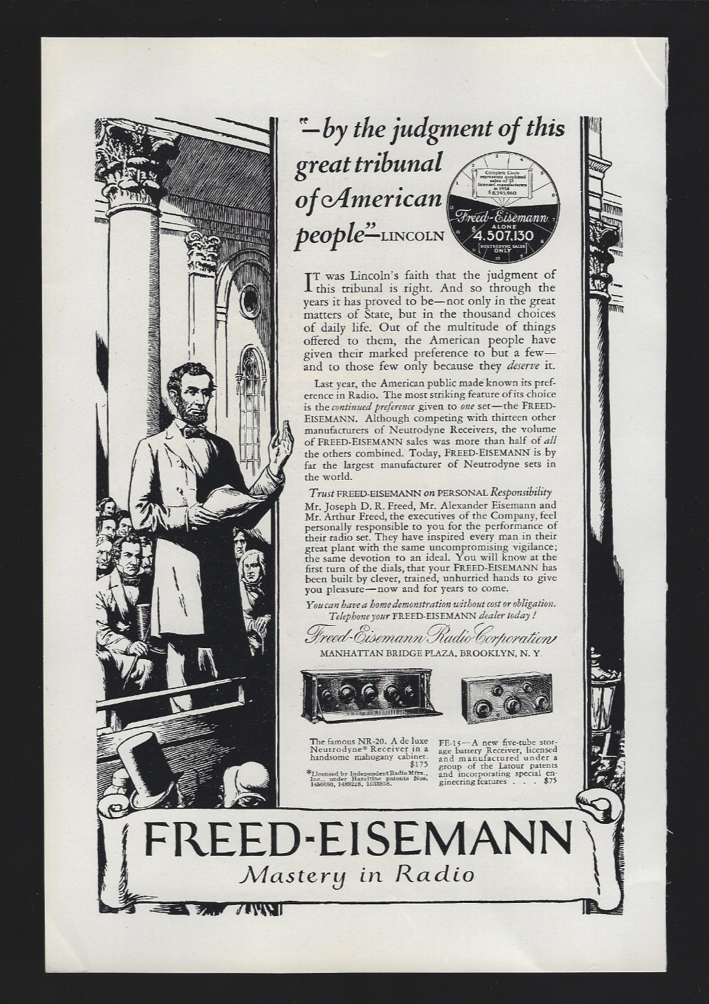 1925 Freed-Eisemann Mystery In Radio Abraham Lincoln Models NR 20 FE 15 Print Ad