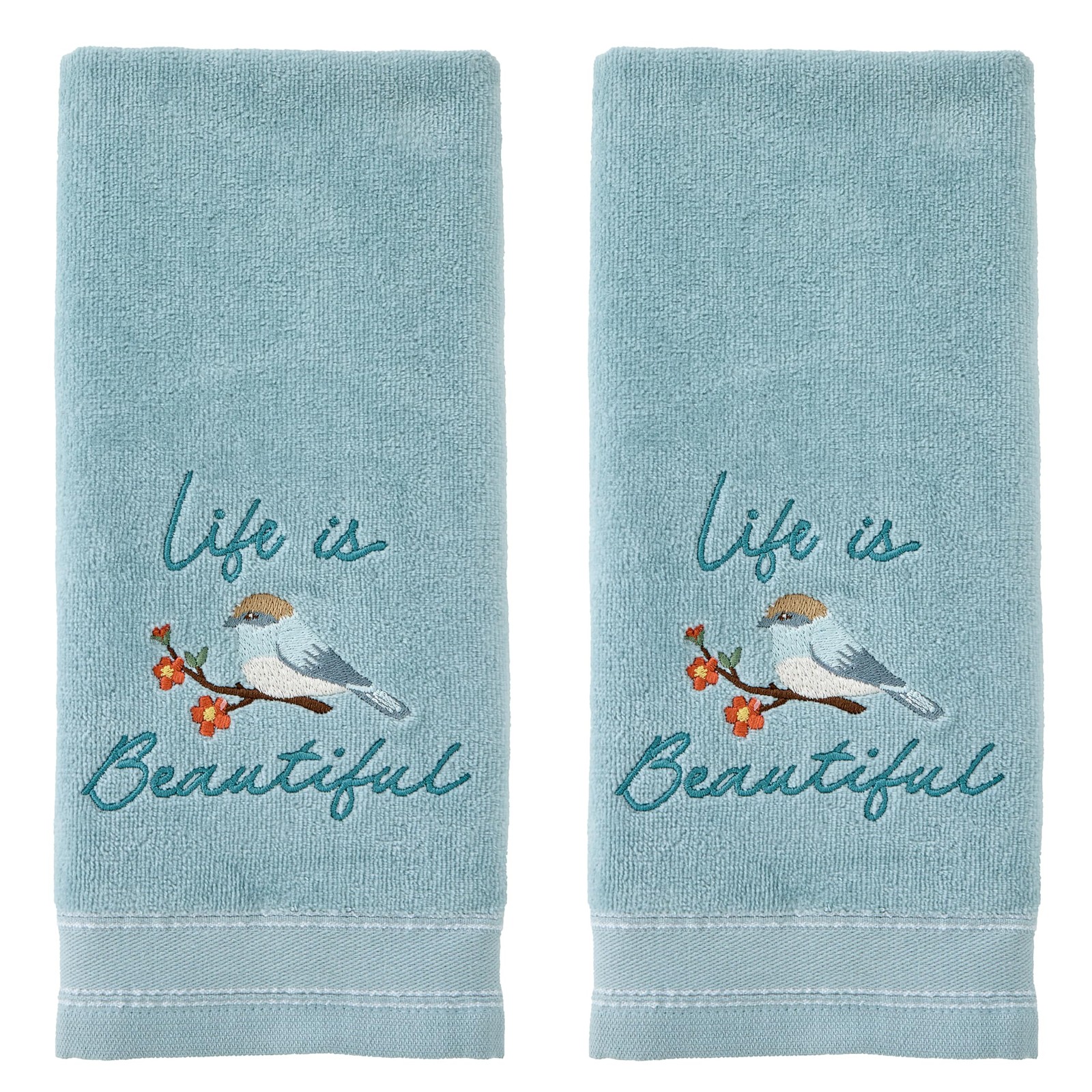 SKL Home Hand Towel Set 2pc 100% Cotton Embroidered Aqua
