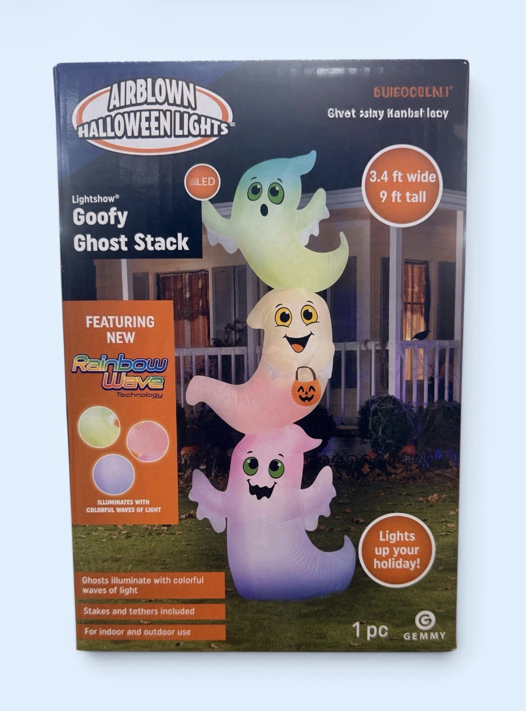 🎃 Gemmy Lightshow® Goofy Ghost Stack Airblown® Inflatable — 9 Ft Tall