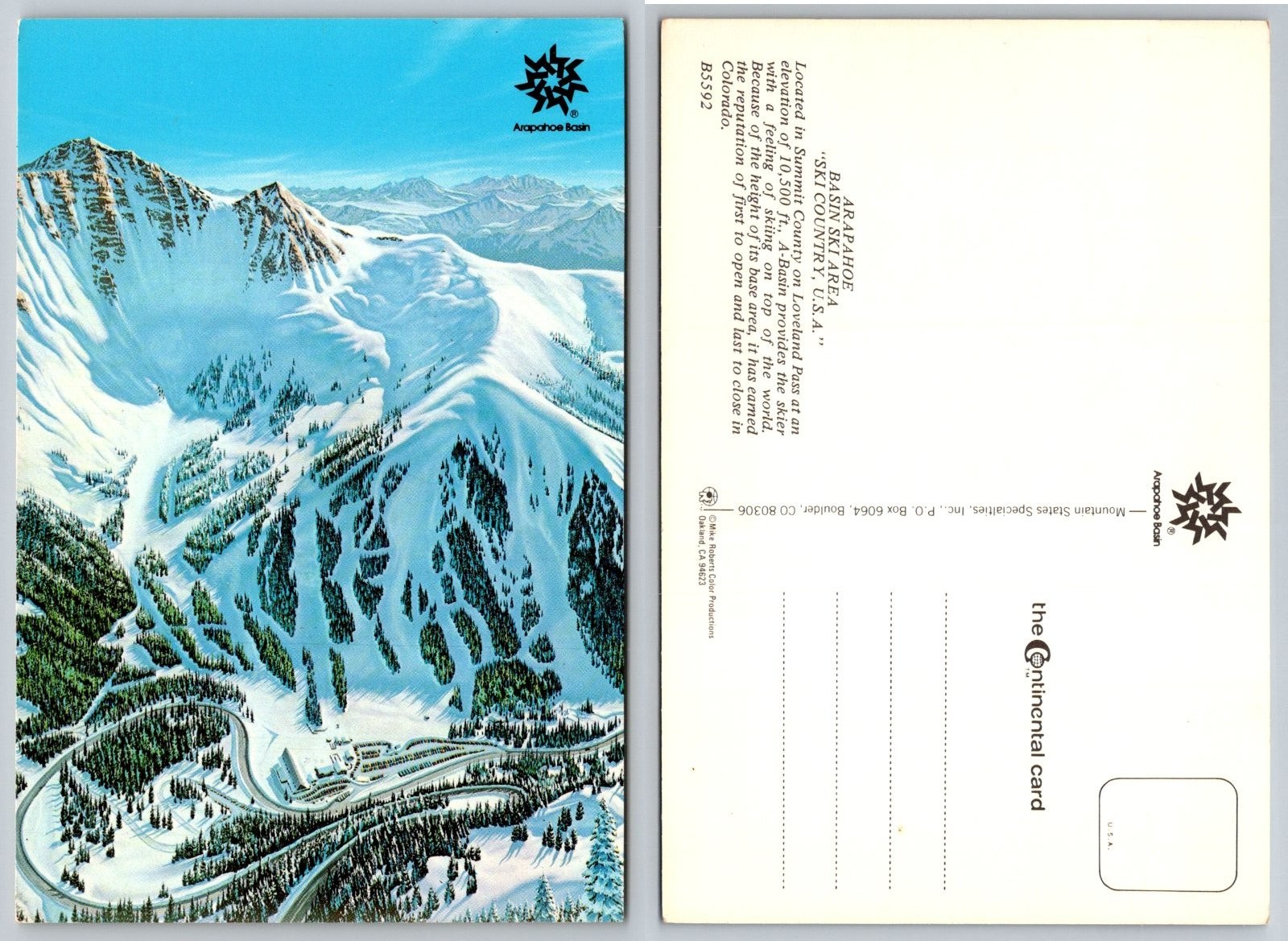 Continental Arapahoe Basin Ski Area Loveland Pass Colorado Mountain Postcard